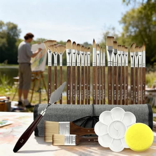 Art Supplies Paint Brushes For Artists: 25pcs Portable & Professional Paintbrushes Set for Acrylic Watercolor Oil Painting - Outdoor Park Seaside Mountain - Gift for Painter