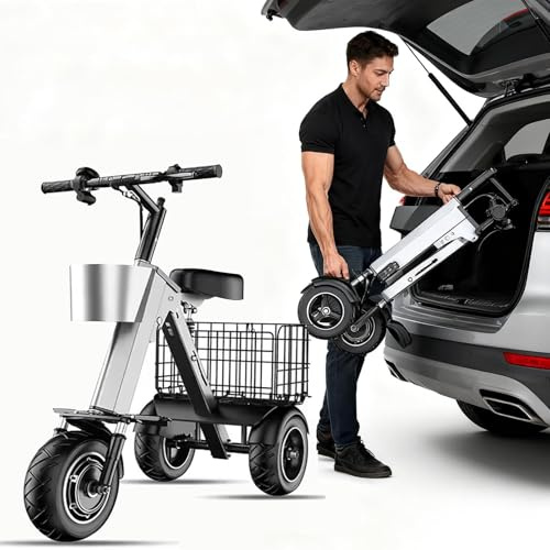 Scooter Elettrico Portatile, Scooter Elettrico Da Viaggio A 4 Ruote, Elettrico Pieghevole Disabili Ultraleggera, Doppia Sospensione, Retromarcia E Interruttore A Chiave(With Two Baskets)