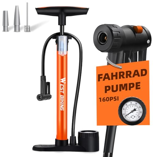 Pompa ad aria per bicicletta per tutte le valvole – 11 bar / 160 Psi con manometro – Pompa da terra per bici da strada, e-bike, mountain bike – Pompa per bicicletta per valvole francesi (arancione)