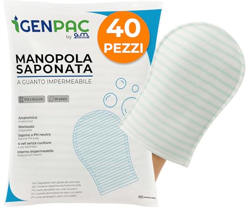 G.M. DISTRIBUZIONE Lot de 40 poignées savonnées jetables sans rinçage, intérieur imperméable, éponge délicate pour hygiène corporelle et soins personnels