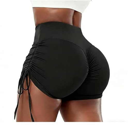 Fjquamitix Gym Shorts for Women Ruched Butt Hot Pants with Drawstring Side High Waist Tummy Control Lifting Booty Shorts for Running Gym Cycling Sports