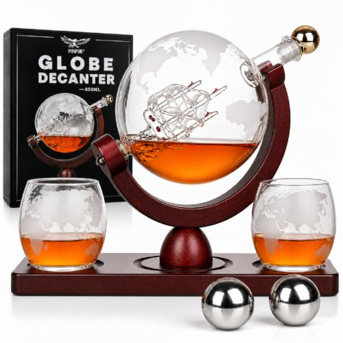 PONPUR Whisky Karaffe Set - Whiskey Geschenkset - Globus Dekanter 850ML, Geschenkbox, 2 Gläser, 2 Whisky Steine, Geschenke für Männer, Männergeschenke, Geburtstagsgeschenk Mann