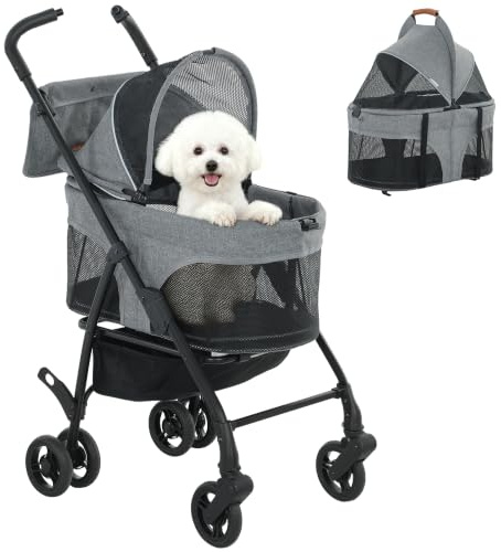 PawHut Faltbarer Haustierwagen, abnehmb. Träger, kl. Hunde/Katzen, Grau | Hunde- und Katzenwagen, Räder, Aufbewahrungskorb, sicherer Gurt, 4-Rad-Welpenbuggy, Kinderwagen für Haustiere für Reisen