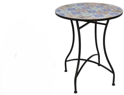 Gerimport Evan Mosaiktisch, Keramik, rund, geometrisch, Metall mit Korrosionsschutzbehandlung, 60 x 60 cm, Höhe 71 cm, mediterraner Stil