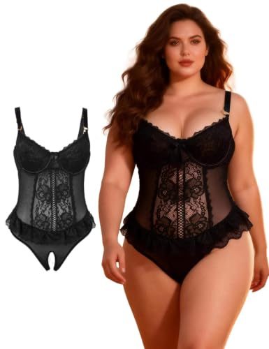 ohyeahlady Body Femme Ouvert Entrejambe Dentelle Chic Grande Taille | Body Fendu,Bodysuit Curvy,Avec Armature,Bretelles Réglable,Dos Nu,Lingerie Sexy Ensemble Dentelle,Tenu Hot Ronde ,Teddy