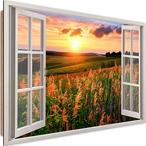 Feeby Cuadro Decorativo XXL Vista de la Ventana 120x80 cm 1 Pieza Modernos Impresión Artística Calidad Fotografica Imagen Decoración de Pared Salon Dormitorio Cocina Oficina Pasillo Prado Naranja