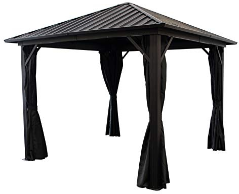 DEGAMO Garten Pavillon Novara 3x3 Meter, Alugestell schwarz, Dach aus verzinktem Trapezblech/Metall, schwarz, mit Seitenteilen dunkelgrau