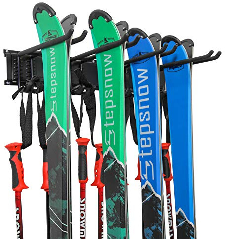 RaxGo Ski-Wandhalterung, hält 4 Paar Skier- & Skistöcke oder Snowboard, für Haus und Garage, Wandmontage, strapazierfähig, verstellbare gummierte Haken