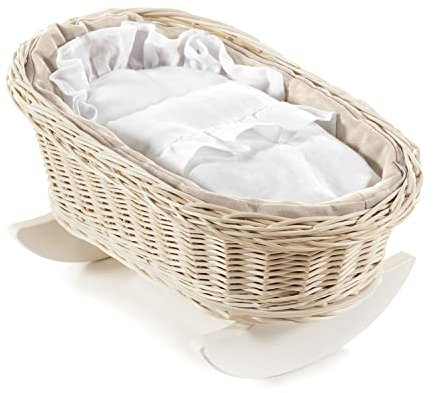 e-wicker24 DESAYER SCHAUKELBETT MIT Leine BETTWÄSCHE, EINE SHAUKELWEIGE AUS WEIDE, SCHAUKELBETT MIT LEINEN Kissen UND Decke, NATÜRLICHE KINDERSPIELZEUG, EIN Geschenk FUR EIN Kind (Weiß)