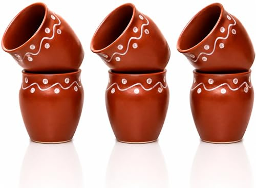 Lot de 6 tasses traditionnelles faites à la main Kulhar Kulhad Chai Thé Café Cantaritos en faïence émaillée Finition brillante Argile Terre cuite Artisanat Studio Poterie Mud Marron Qualité