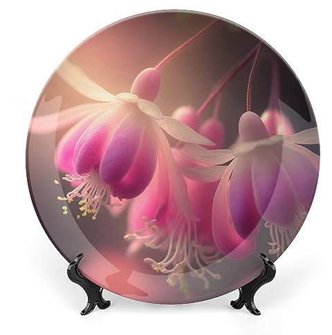 Gokays Decorative Plates for Wall Hanging, Summer Pale Pink Fuchsia Flowers Ceramic Plate, Wobble-Plate with Display Stand, Home Decor for Kitchen Cabinets, Farmhouse Round Tray 8 Inch