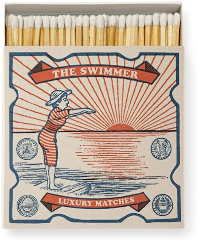 The Swimmer Long Matches, Luxury Giant Square Art Matchbox, Coloured Tip Matches, Large Matchsticks, Fireside Candles Housewarming Gift