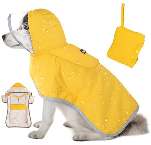 Eyein Wasserdichter Hunderegenmantel, Regenmantel für Mittlerer Hunde mit Kapuze und weichem Futter, Verstellbare Hunderegenjacke mit reflektierenden Streifen, Winddicht und leicht, Gelb, L