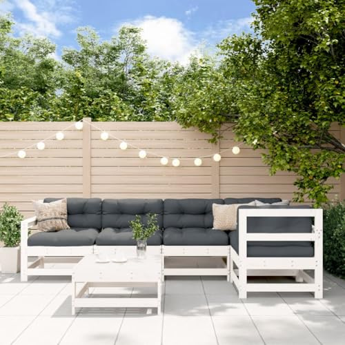 PTUGUOF 6-TLG. Massivholz Lounge-Set mit Kissen Weiß, Gartenmöbel Set aus Kiefernholz mit Latten-Design, modulares Sofa für Garten, Terrasse oder Innenhof, bis 110 kg pro Sitzplatz