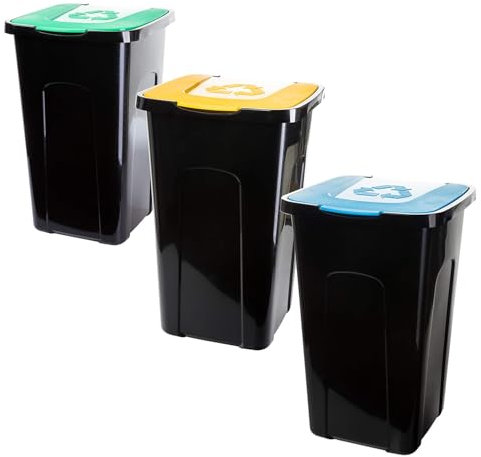 Lot de 3 poubelles 50 l, avec couvercles à code couleur, pour un tri efficace des déchets à l'intérieur et à l'extérieur, durables et résistantes aux intempéries, 56 x 36 x 36 cm, fabriquée dans