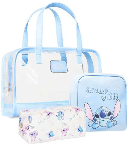 Disney Stitch Kulturbeutel Damen Set, Waschtasche Make Up Tasche Reise Flaschen zum befüllen für Alltag, Reise Geschenke (Blau Stitch 3-Teilig)