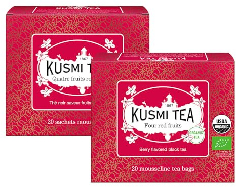 Kusmi Tea - Cuatro Frutos Rojos -Té Negro 100% Orgánico con Sabor a Fresas, Frambuesas, Grosellas y Cerezas - Té con Cafeína - Juego de 2 Cajas - 2x20 Bolsas