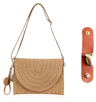 CHSZSH 1 Morceau De Sac En Paille Avec 1 Morceau De Pendentif Pompon, 1 Morceau De Pince À Chapeau, Pochette Rétro, Sac Tissé En Rotin Avec Bandoulière Réglable, Sac De Plage En Paille