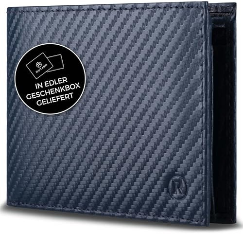 RUTAKO Leder Geldbörse Herren mit RFID Schutz - Portemonnaie Groß mit Münzfach - 12 Fächer - Geldbeutel für Männer - Brieftasche Wallet Portmonee Carbon-Blau