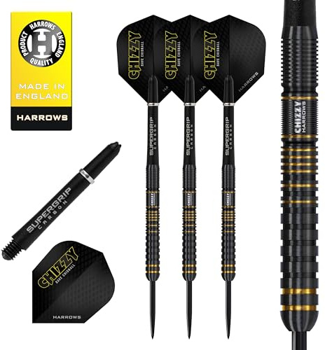 Harrows Dave 'Chizzy' Chisnall 90% Tungsten 21g Steel Tip Darts-Set mit Quick Point Change System – inklusive Supergrip Carbon Schäfte & Chizzy Flights
