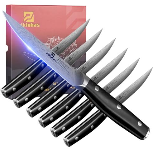 Piklohas Steak Knives Set of 6, 4.5 Inch Non Serrated Dinner Knife, Forged German Steel Damascus Pattern Straight Edge Meat Knife with Full Tang Handle, Dishwasher Safe, Ideal for Gift