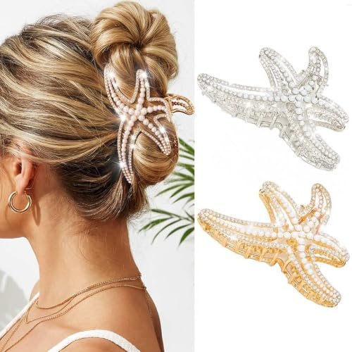 Zoestar Seestern Haarklammern Perle Haarspange Klaue Gold Metall Haarspangen Strass Haarschmuck für Frauen und Mädchen (2 Stück)