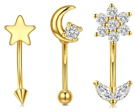 AVYRING 3 Stk Rook Piercing Set, 16G Edelstahl gebogener Barbell mit CZ Blumen-, Mond- und Stern-Design für Augenbrauen-, Daith-, Helix-, Conch-, Tragus-Piercings & Bauchnabelpiercing, Gold