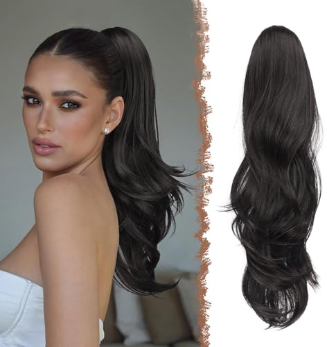 FESHFEN Coda Capelli Extension con Coulisse, Natur Ondulati Lunga Ricci Posticci Sintetici Nero Naturale Coda Cavallo Extensions Posticci Capelli per Donna, 50 cm