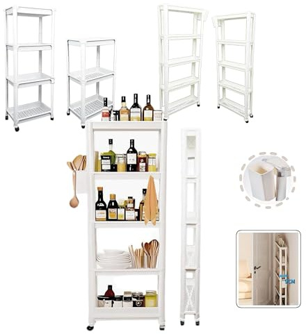 Hooha 3/4/5-etagiger Wagen,Küchenaufbewahrung, Nischenregal Rollen, Trennwänden, Haken, multifunktionaler für Badezimmer, Waschküche, Wohnzimmer, (weiß, 5 Etagen Breite 9 cm)