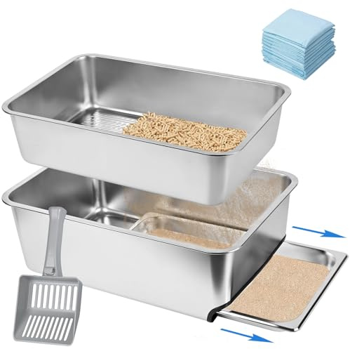 Vaschetta per pellet di pino, 60 x 40 x 20 cm, in acciaio inox, per gatti grandi, con bordi alti, con paletta in plastica e 10 cuscinetti per urina, 60 x 40 x 20 cm