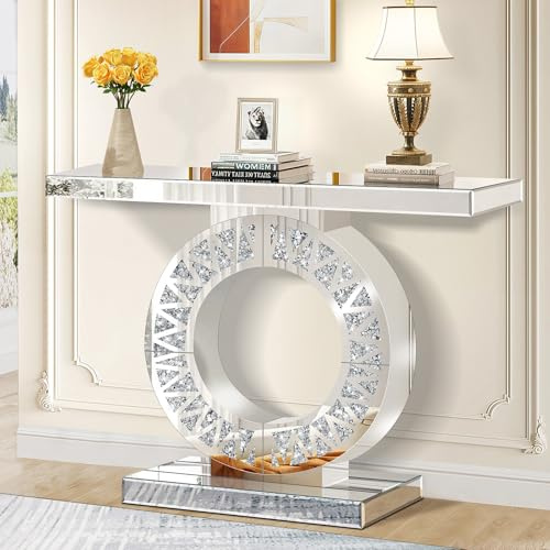 GA Home Modern Mirrored Entryway Console Tables with Crushed Diamond Inlay, 39.4 Long Silver Hallway Table for Entryway, O-Shaped Base Luxury Glass Foyer Table for Home Decor