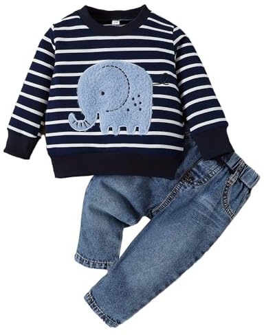 LUVCES Vestiti Set per Infantile Bambino Maschio Autunno Primavera Manica Lunga Stampa di Elefante Felpa e Denim Pantaloni 2Pcs Completo Abiti Outfit Elefante a strisce blu navy 6-9 Mesi