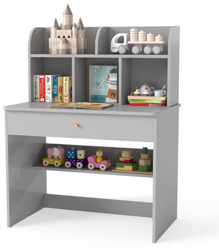COSTWAY Bureau Enfant en Bois avec 5 Compartiments & Tiroir & Étagère, Table Enfant avec Hauteur Raisonnable 62 cm & Patins Antidérapants, Charge 90KG pour Maison École, 3 Ans+ (Gris)