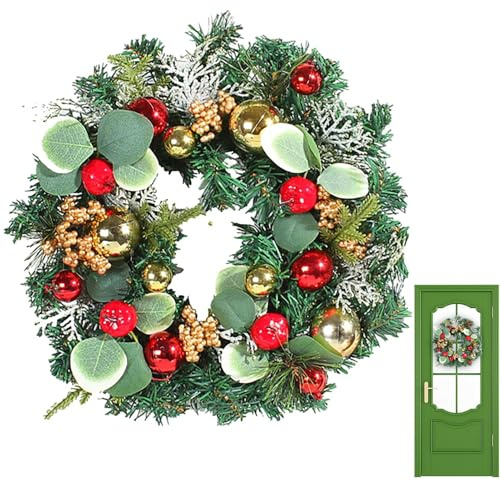 Corona de Puerta navideña - Decoraciones Artificiales de Corona de Navidad - Coronas Decorativas con Bolas navideñas para Exterior, Interior, Porche, Ventana