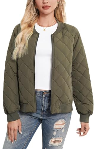 Women's Bomber Jacket - Fashion Quilted Casual Bomber Jakcets Lightweight Zip up Outerwear Jacket with Pockets (US, Alpha, Large, Regular, Regular, Olive Green)