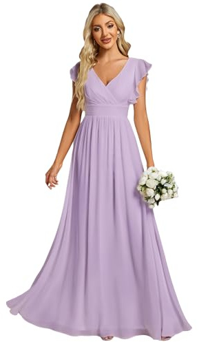 Ever-Pretty Robe de Soirée Dos Nu pour Femme Manches Volantées Mousseline Col V Plissé Robe de Demoiselle d'honneur Longue Élégante ES01818