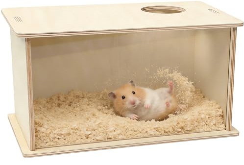 Itoyx Hamster Sand Bath Box, Wooden Digging Sand Box for Syrian Hamsters | 11 x 6.3 x 7.1 in Large Size Visible Hamster Digging Box, with Transparent Acrylic Panel, Easy to Clean, for Syrian Hamsters
