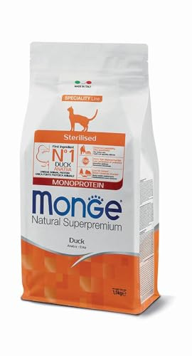 Monge Natural Superpremium Sterilised Monoprotein Anatra, Cibo Secco per Gatti Sterilizzati 1 confezione da 1,5 kg