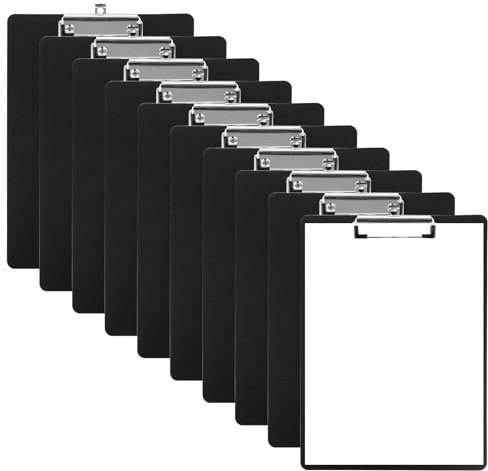 10 Stück Klemmbretter A4 Schwarz, Kunststoff klemmbrett A4 mit Metalklemme und Verstecktem Aufhängeose, Extra Dick Zwischenablage a4 Clipboard Schreibbrett für Papierkram, Zeichnungen, Schule & Büro