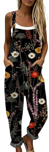 Generico Salopette Donna Estiva Lunga in Lino Elegante Tuta Intera Curvy con Stampa Boho Chic Jumpsuit Pantaloni Gamba Larga Senza Maniche Moda Baggy Cotone Taglie Forti Mare Vacanza Comoda (A29,M)