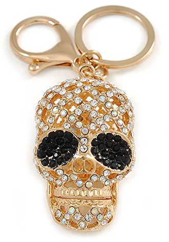 Avalaya Clear/Black Crystal Skull Keyring/Bag Charm In Gold Tone - 10cm L