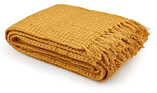 StylemyBedroom Jeté de canapé/lit 100 % coton gaufré nid d'abeille, ocre, 180 x 254 cm