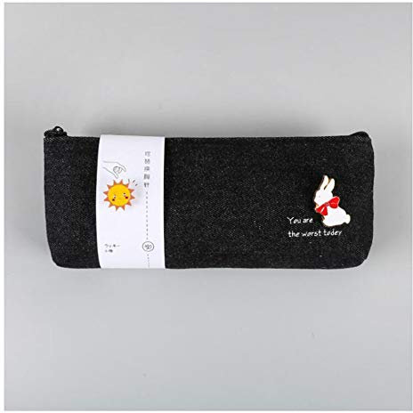 Mäppchen Kreative Zipper Canvas-Bleistift-Kasten mit Zwei Metall-Broschen Netter Schule-Feder-Kasten Büro-Bleistift-Kasten-Feder-Beutel Schulbedarf (Color : Black, Size : Trapezoid)