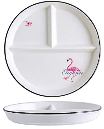 Bicuzat 1 plato de control de porciones de cerámica, plato dividido para una alimentación saludable y pérdida de peso, plato de postre dividido, plato de ensalada, plato de cena, flamenco, 8 pulgadas
