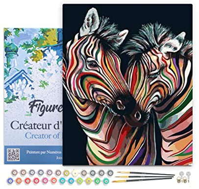Figured'Art Peinture par Numéro Adulte avec Cadre Couple de Zèbres colorés - Activité Manuelle Kit de Loisir Créatif DIY Numéro d'Art Complet - 40x50cm toile tendue sur châssis