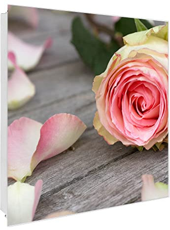 banjado Großer Schlüsselkasten Glas - Schlüsselbox 30x30cm mit 50 Haken - Schlüsselkasten modern für Schlüsselaufbewahrung mit beschreibbarer, magnetischer Glastür - Motiv Rosa Rose