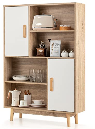 GOPLUS Bücherschrank aus Holz, Beistellschrank mit 2 Türen & Kippschutz & Magnetverschluss, Schrank für Arbeitszimmer Wohnzimmer Schlafzimmer Büro (Weiß)