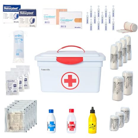 FERRETELIX® Botiquin caja primeros auxilios con tapa 8 litros medidas: 35cmx23cmx19cm equipado con varios artículos para realizar las primeras curas en caso de emergencia G