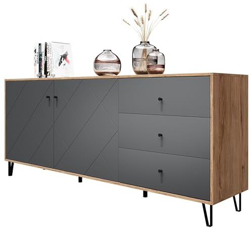 Newroom Kommode Wildeiche Anthrazit Matt Sideboard Skandi Modern - 183x76x40 cm (BxHxT) - Highboard Anrichte - [Amalya.Two] Wohnzimmer Gästezimmer Büro
