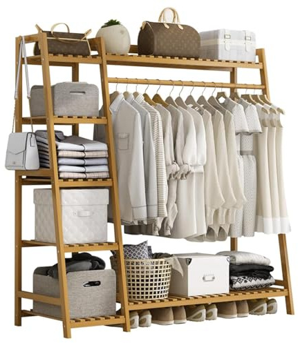 Baveke Bamboo Clothing Garment Rack Frame Made of FSC-Certified Bamboo, 7 Tier Storage Shelf Coat Clothes Hanging Rack, Portable Wardrobe Closet Organizer, Shoe Storage Shelves for Bedroom, Natural
